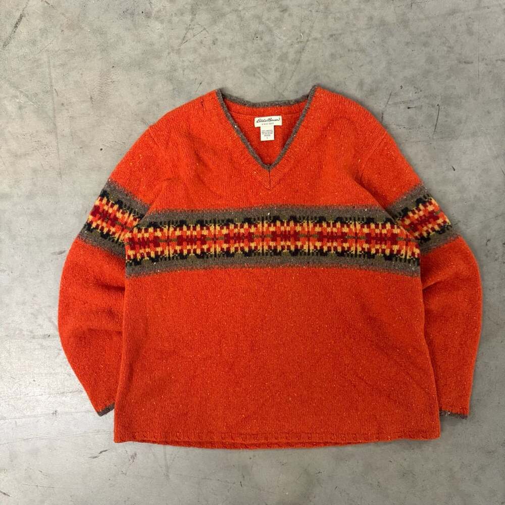 Eddie Bauer V-Neck Fair Isle Sweater Petite L Orange Lambswool Wool